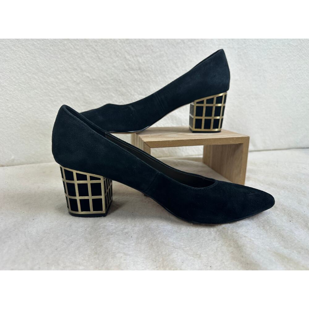 Brian Atwood Karina Black Suede Minimalist Cage-Embellished Block Heel Pump SZ 7